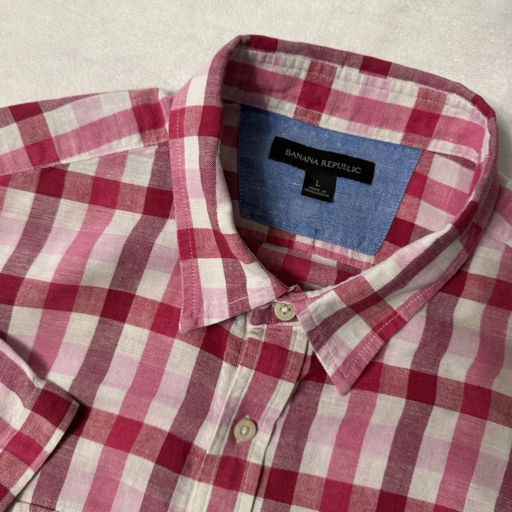 Banana Republic Mens‎ Linen Blend Shirt size L Gingham Check Plaid Button Down